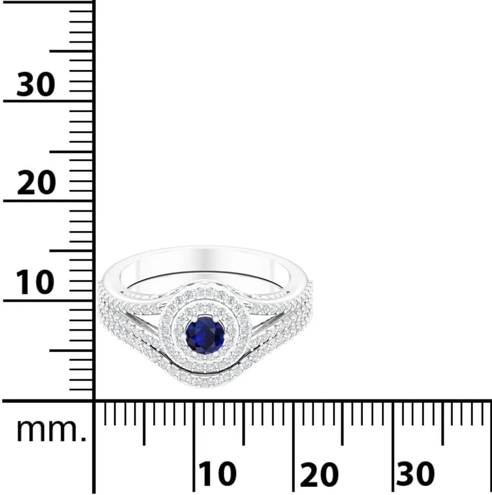 Ring 925 Sterling Silver Platinum Plated Elegant Round Shape Cut 0.5Carats Cubic Zirconia Solitaire 4mm Created Blue Sapphire Gemstone Engagement Wedding Layered Band Jewelry Accessory