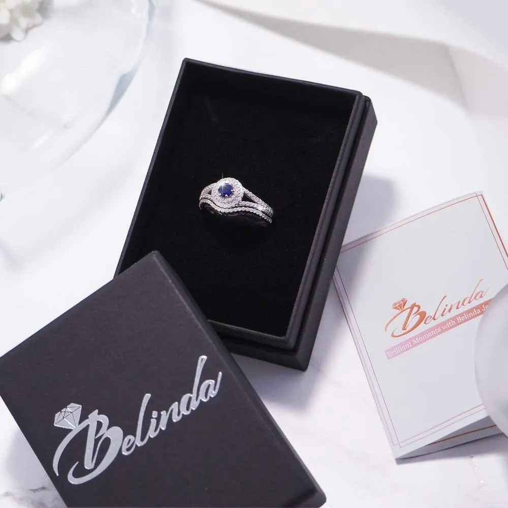 Ring 925 Sterling Silver Platinum Plated Elegant Round Shape Cut 0.5Carats Cubic Zirconia Solitaire 4mm Created Blue Sapphire Gemstone Engagement Wedding Layered Band Jewelry Accessory