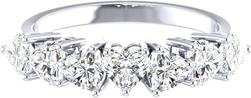 Ring 925 Sterling Silver Sparkling Half Eternity Band White 4mm Heart Shaped Cubic Zirconia 2.6 Carats in Prong Setting Fine Cocktail Ring Jewelry for Women