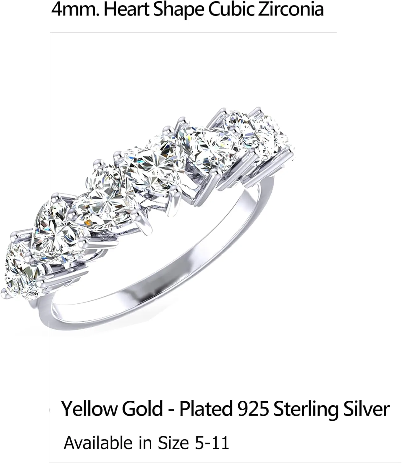Ring 925 Sterling Silver Sparkling Half Eternity Band White 4mm Heart Shaped Cubic Zirconia 2.6 Carats in Prong Setting Fine Cocktail Ring Jewelry for Women