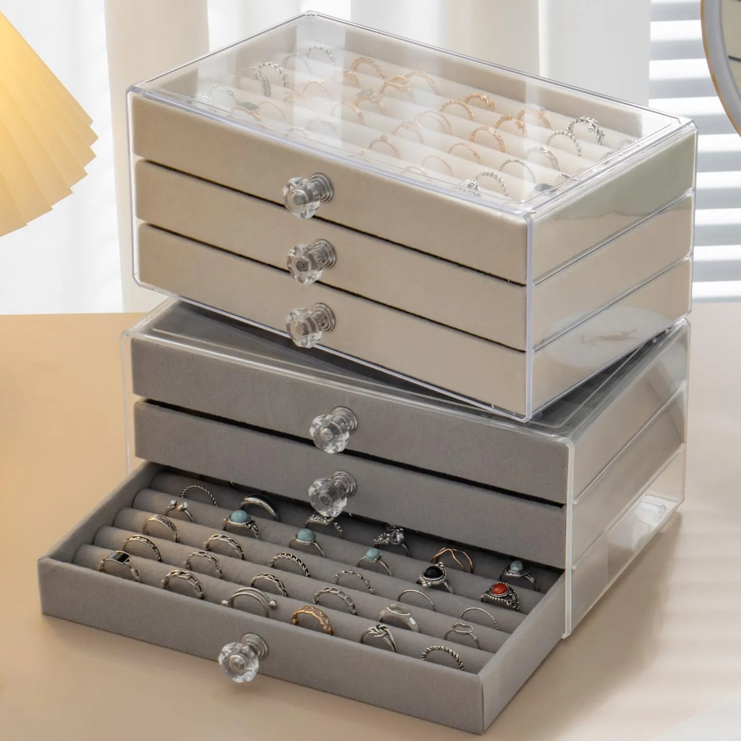 Ring Box Display Holder, Clear Velvet Jewelry Storage Tray Organizer for Ring Stud Earring (Grey - 3 Drawers)