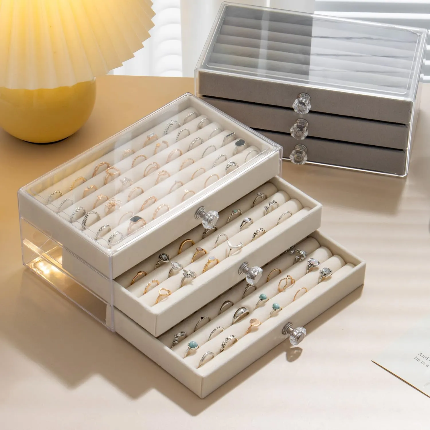 Ring Box Display Holder, Clear Velvet Jewelry Storage Tray Organizer for Ring Stud Earring (Grey - 3 Drawers)