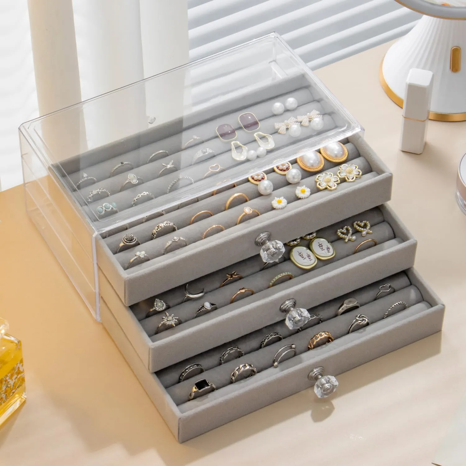Ring Box Display Holder, Clear Velvet Jewelry Storage Tray Organizer for Ring Stud Earring (Grey - 3 Drawers)