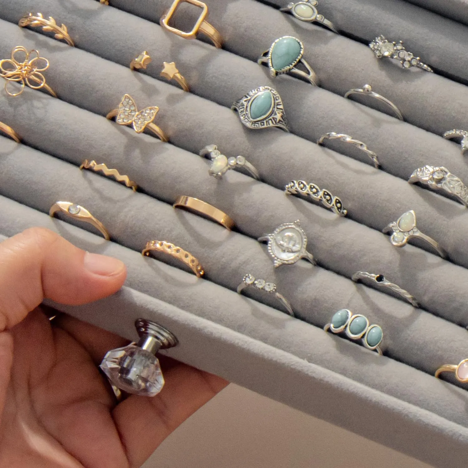 Ring Box Display Holder, Clear Velvet Jewelry Storage Tray Organizer for Ring Stud Earring (Grey - 3 Drawers)