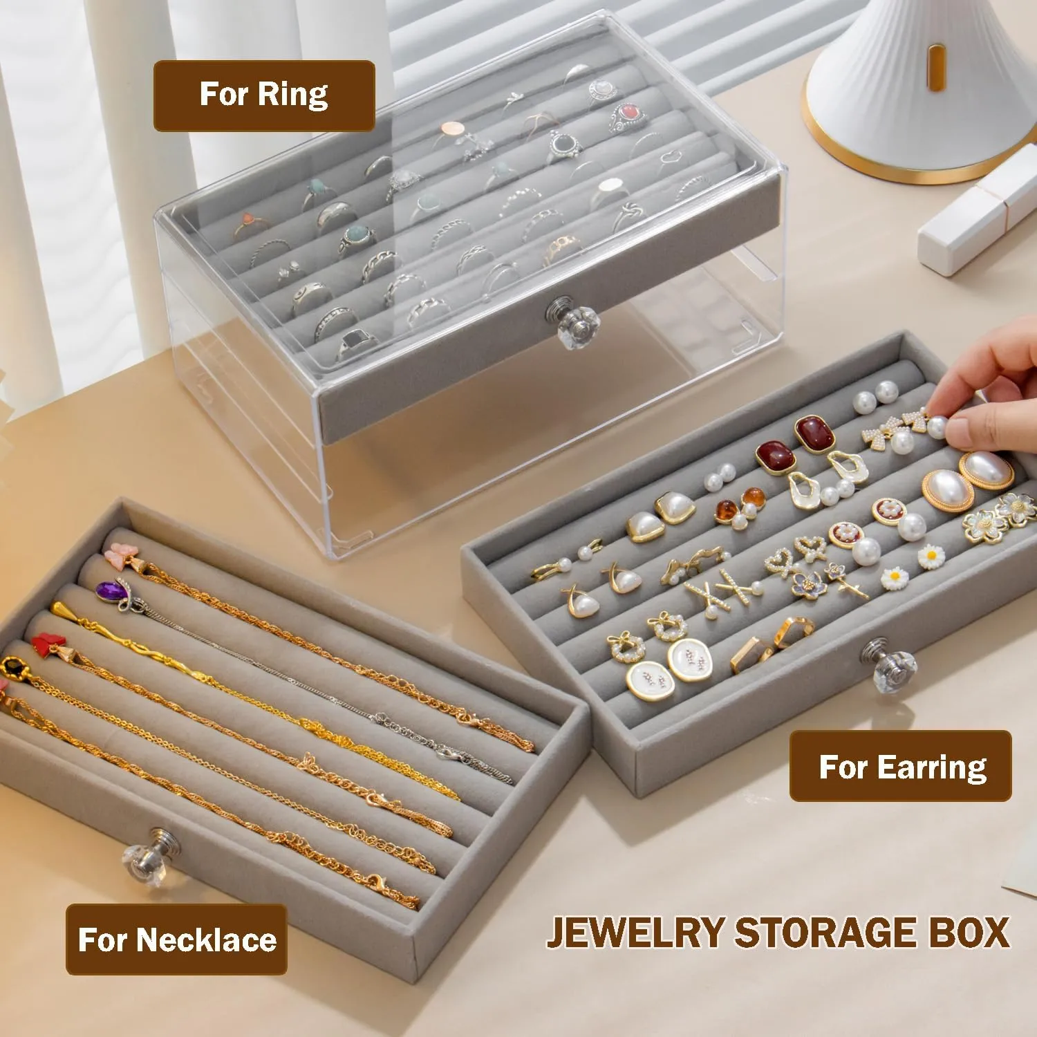 Ring Box Display Holder, Clear Velvet Jewelry Storage Tray Organizer for Ring Stud Earring (Grey - 3 Drawers)