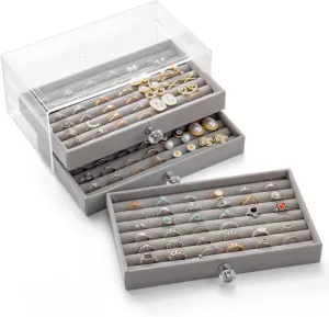 Ring Box Display Holder, Clear Velvet Jewelry Storage Tray Organizer for Ring Stud Earring (Grey - 3 Drawers)