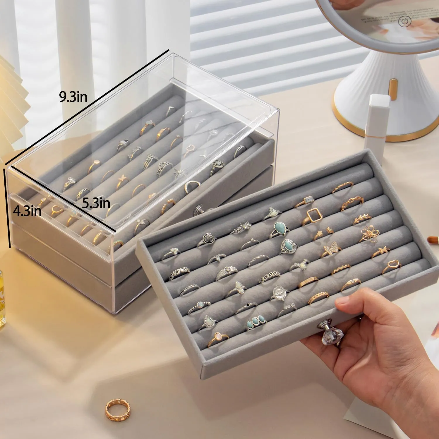 Ring Box Display Holder, Clear Velvet Jewelry Storage Tray Organizer for Ring Stud Earring (Grey - 3 Drawers)