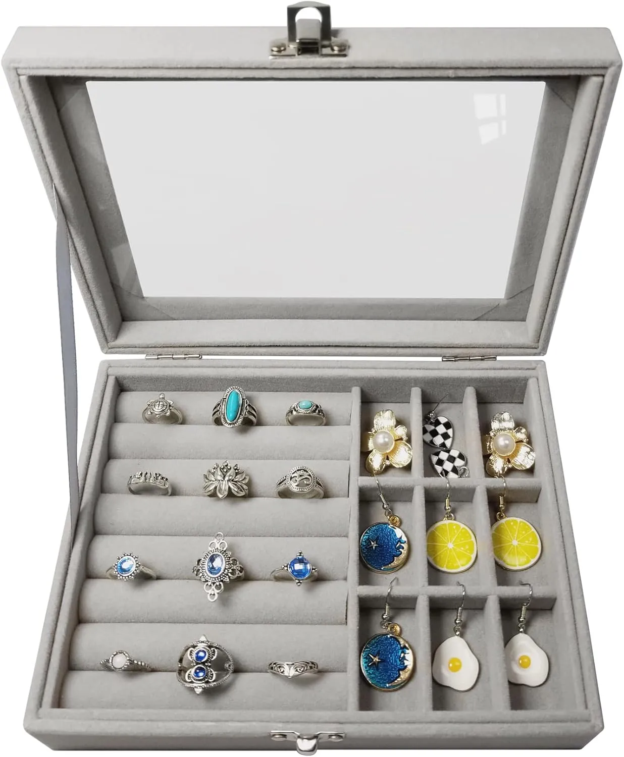 Rings Storage Box for Women,Girl and Teen,Jewelry Earring Organizer Holder Box with Clear Lid,Gray