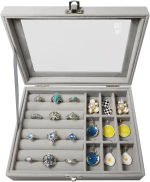 Rings Storage Box for Women,Girl and Teen,Jewelry Earring Organizer Holder Box with Clear Lid,Gray