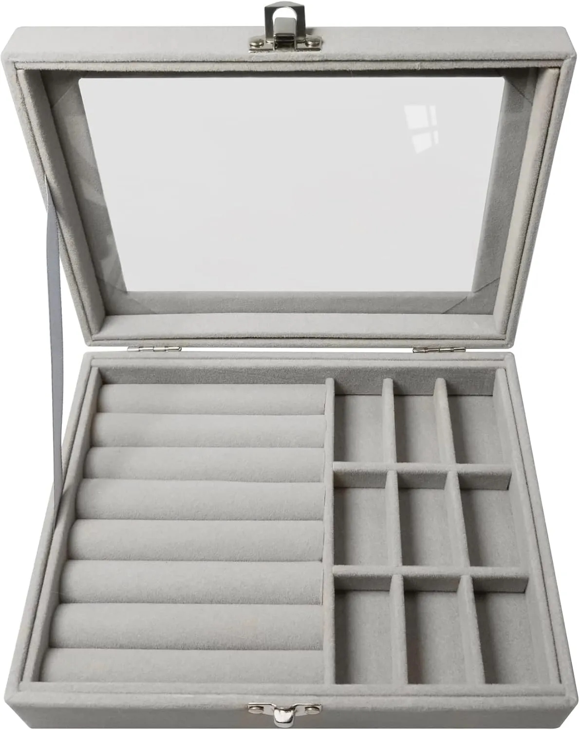 Rings Storage Box for Women,Girl and Teen,Jewelry Earring Organizer Holder Box with Clear Lid,Gray