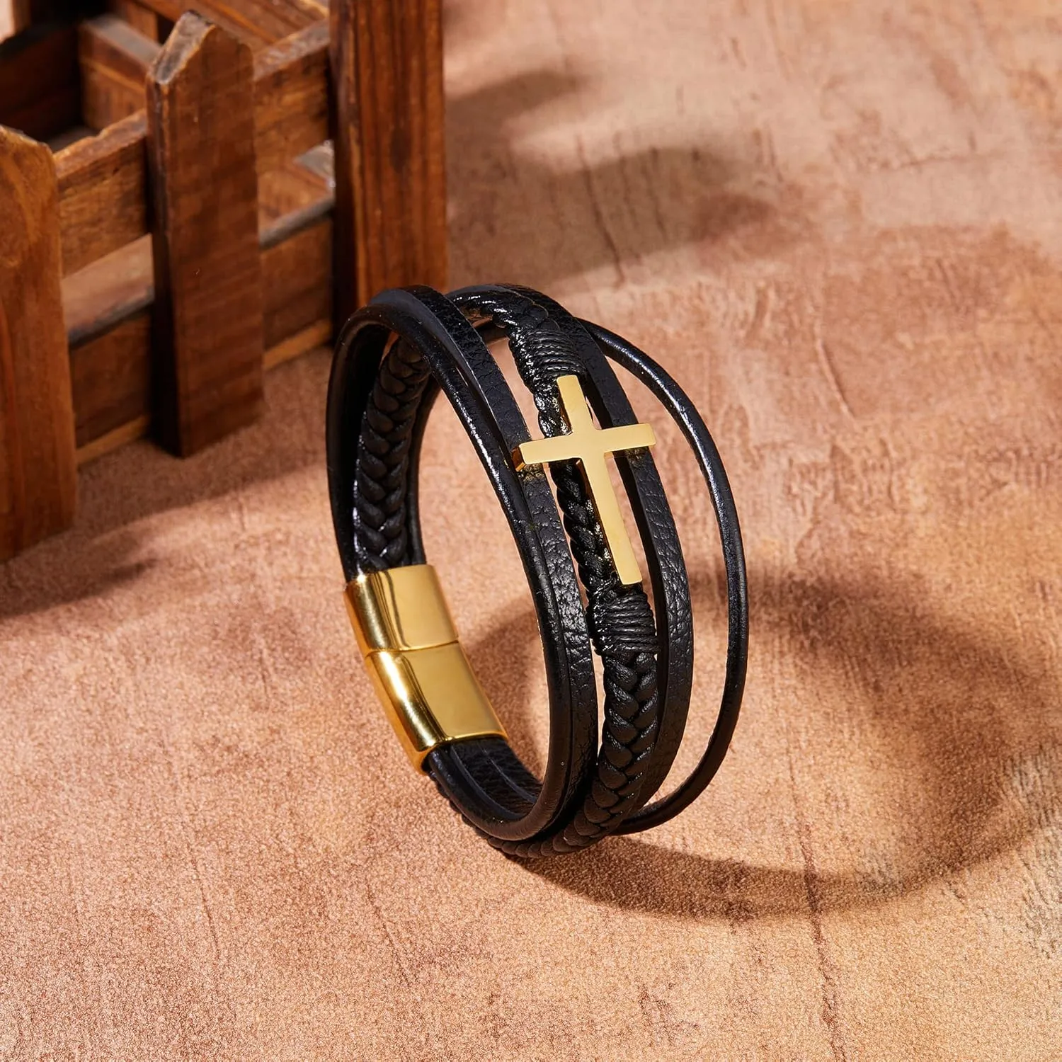 RINHOO To My Son/To My Grandson Cross Leather Bracelet Stainless Steel Braided Men's Bracelet Cuff Bangle Bracelet Multilayer Leather Bracelets For Men