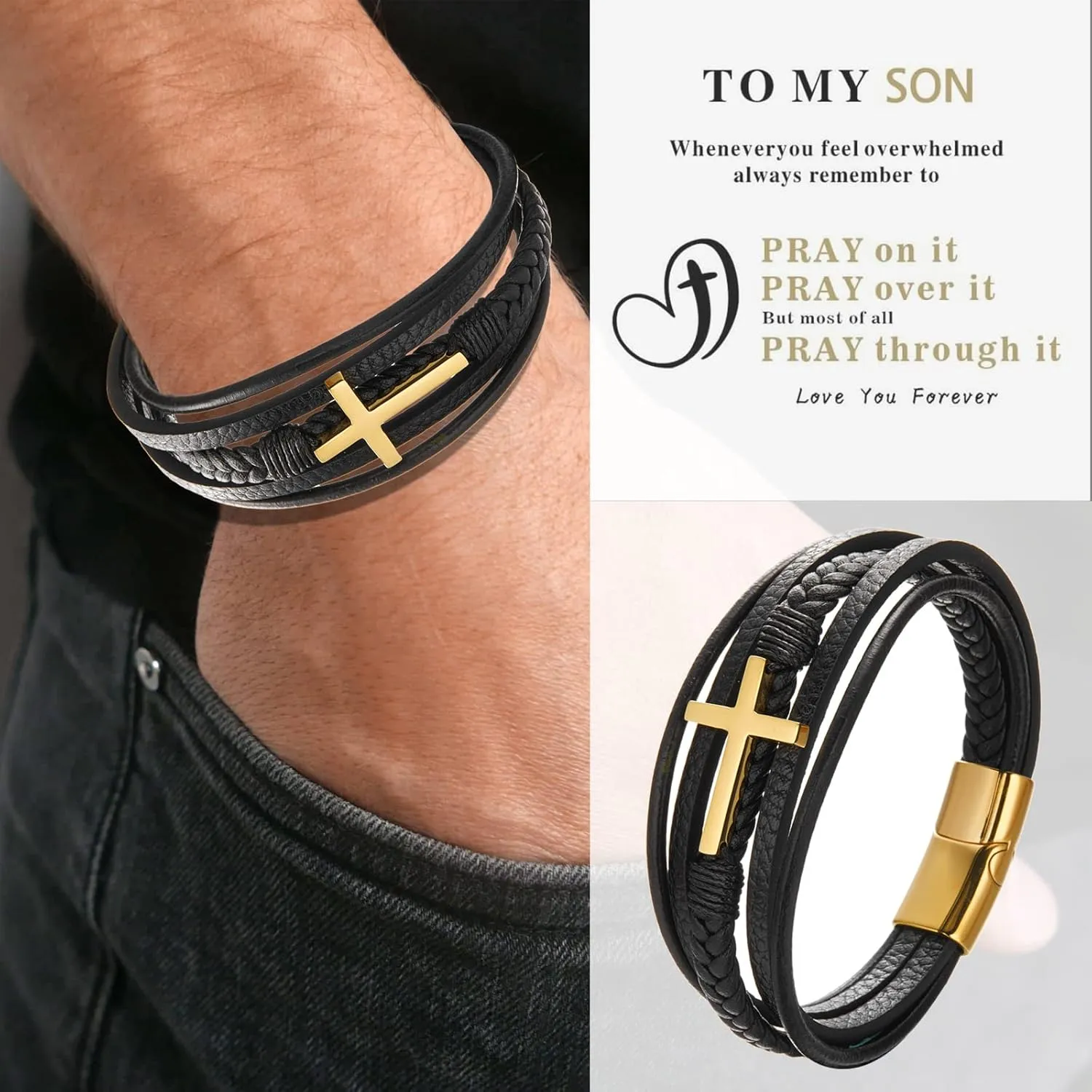 RINHOO To My Son/To My Grandson Cross Leather Bracelet Stainless Steel Braided Men's Bracelet Cuff Bangle Bracelet Multilayer Leather Bracelets For Men