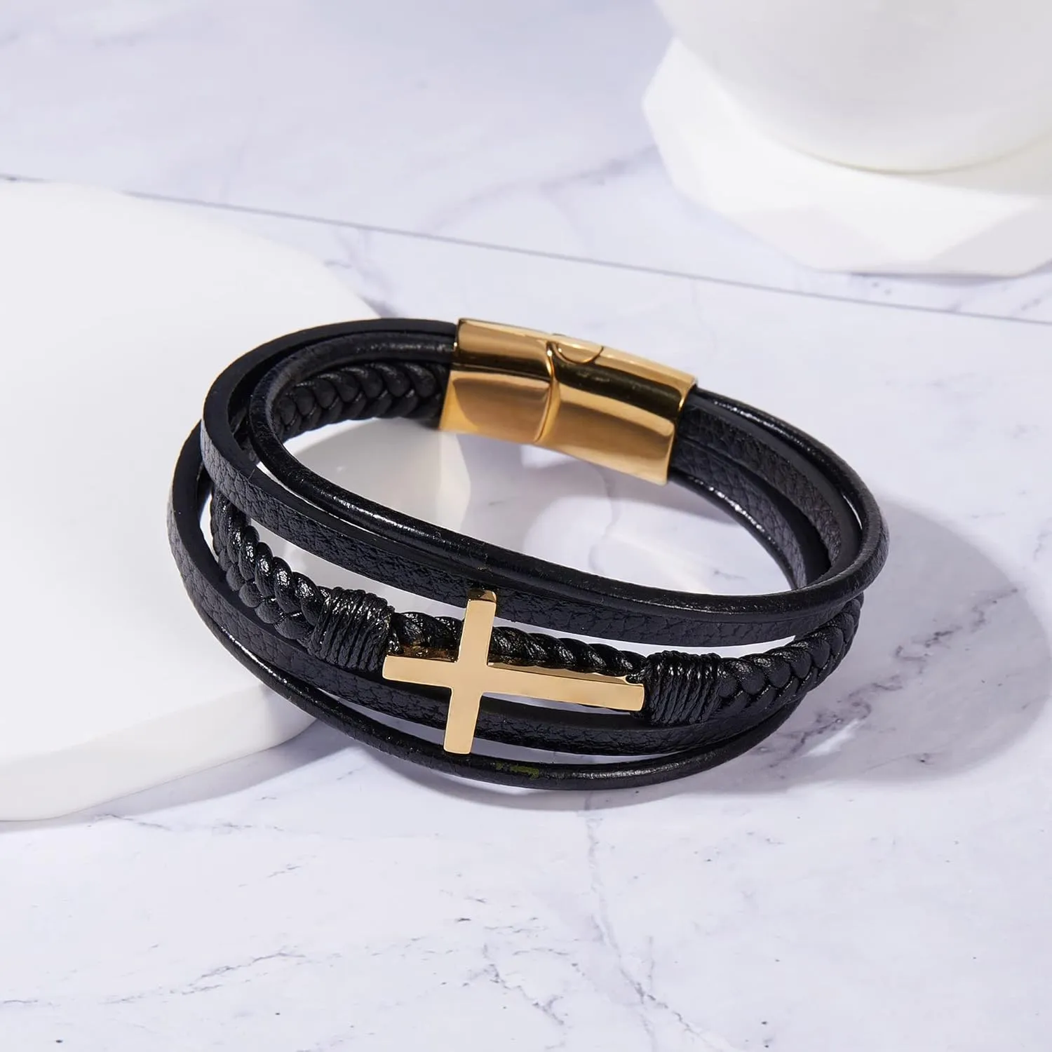 RINHOO To My Son/To My Grandson Cross Leather Bracelet Stainless Steel Braided Men's Bracelet Cuff Bangle Bracelet Multilayer Leather Bracelets For Men