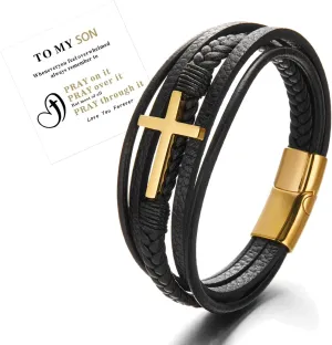 RINHOO To My Son/To My Grandson Cross Leather Bracelet Stainless Steel Braided Men's Bracelet Cuff Bangle Bracelet Multilayer Leather Bracelets For Men