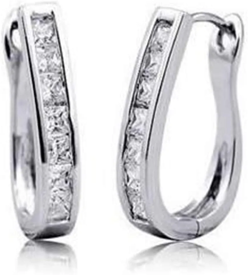 RIZILIA Hoop Pierced Earrings with Princess Cut CZ [White Cubic Zirconia] in White Gold Plated, Simple Modern Elegant