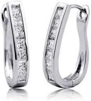 RIZILIA Hoop Pierced Earrings with Princess Cut CZ [White Cubic Zirconia] in White Gold Plated, Simple Modern Elegant
