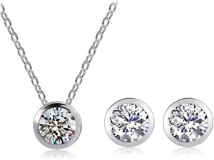 RIZILIA Jewelry Set Pendant with 18" Chain & Stud Earrings Round Cut CZ [White Cubic Zirconia] in White Gold Plated, Simple Modern Elegant