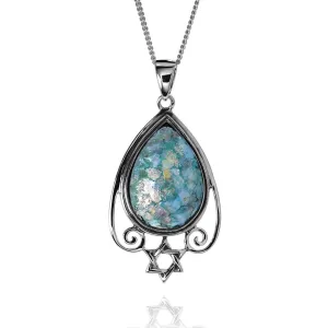 Roman Glass Pendant - Ancient Roman Glass Silver Jewelry - Israeli Jewelry - Natural colours glass - Historical archiological Glass Piece