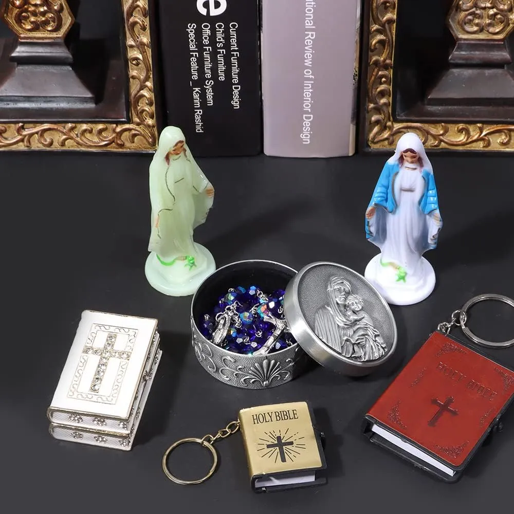 Rosary Beads for Women With Box, Blue Crystal Catholic Necklace, Last Supper Vintage Jewelry Box, Anglican Prayer Beads Christian Gifts