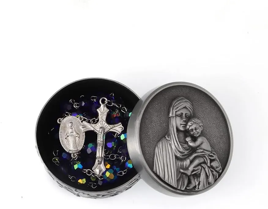 Rosary Beads for Women With Box, Blue Crystal Catholic Necklace, Last Supper Vintage Jewelry Box, Anglican Prayer Beads Christian Gifts
