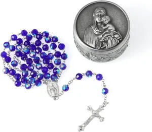 Rosary Beads for Women With Box, Blue Crystal Catholic Necklace, Last Supper Vintage Jewelry Box, Anglican Prayer Beads Christian Gifts