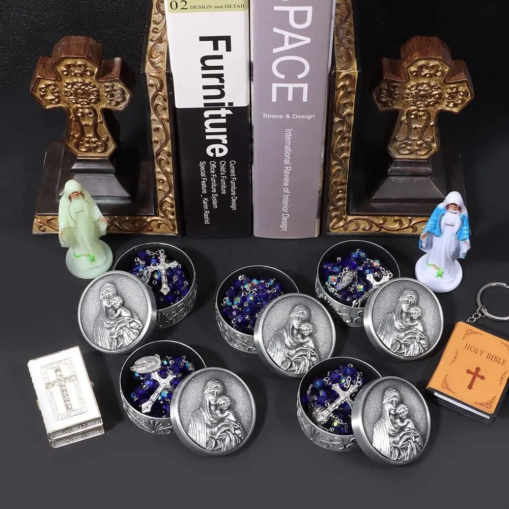 Rosary Beads for Women With Box, Blue Crystal Catholic Necklace, Last Supper Vintage Jewelry Box, Anglican Prayer Beads Christian Gifts