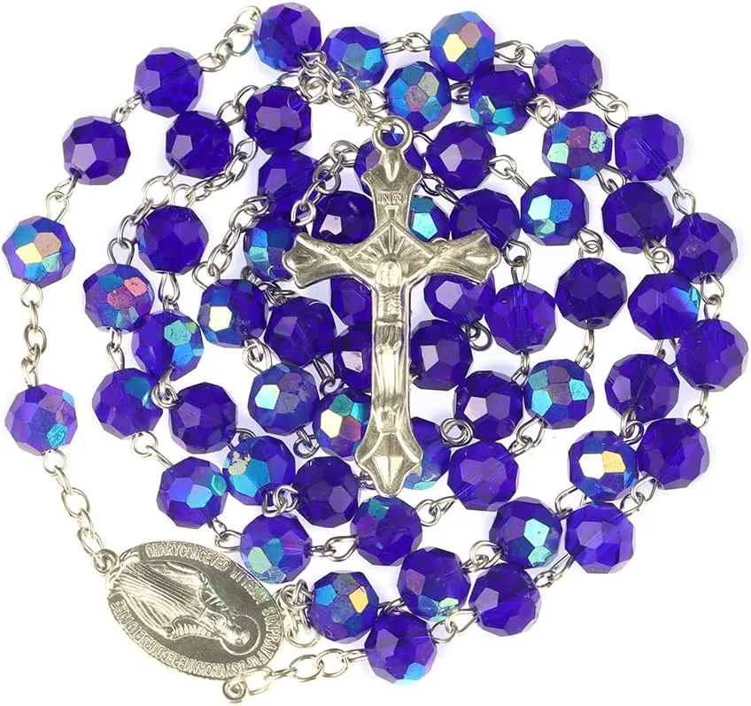 Rosary Beads for Women With Box, Blue Crystal Catholic Necklace, Last Supper Vintage Jewelry Box, Anglican Prayer Beads Christian Gifts
