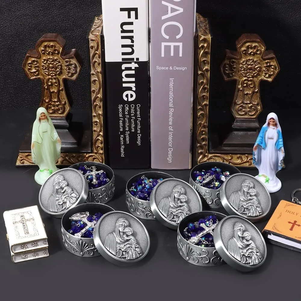 Rosary Beads for Women With Box, Blue Crystal Catholic Necklace, Last Supper Vintage Jewelry Box, Anglican Prayer Beads Christian Gifts