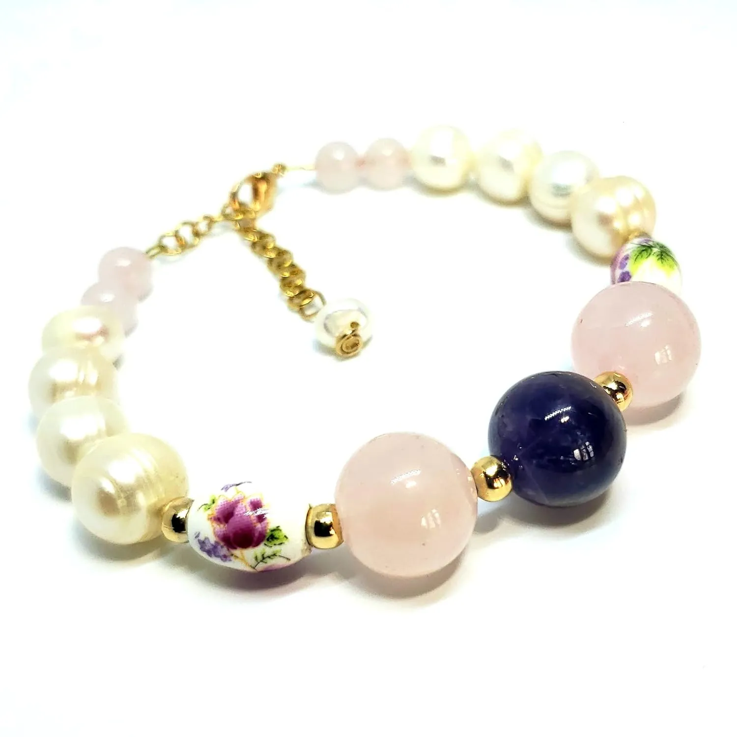 Rose Quartz, Amethyst and Pearls Bracelet. Handmade genuine gemstone bracelet by D'Mundo Accessorios. Adjustable Bracelet. Unconditional Love and Friendship Bracelet.
