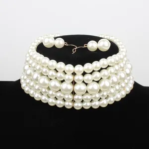 Round Imitation Pearl Choker Necklace set Resin Chain Collar Choker Statement Necklace Ladies Jewelry Beaded Wedding Party Necklace (WHITE)
