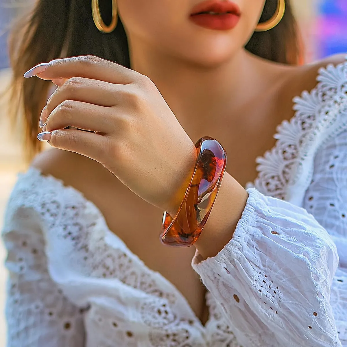 Rrdaily Chunky Wide Acrylic Bangle Bracelet for Women, Irregular Large Square Bangle Transparent Resin Plastic Orange Candy Bangle Christmas Holiday Jewelry