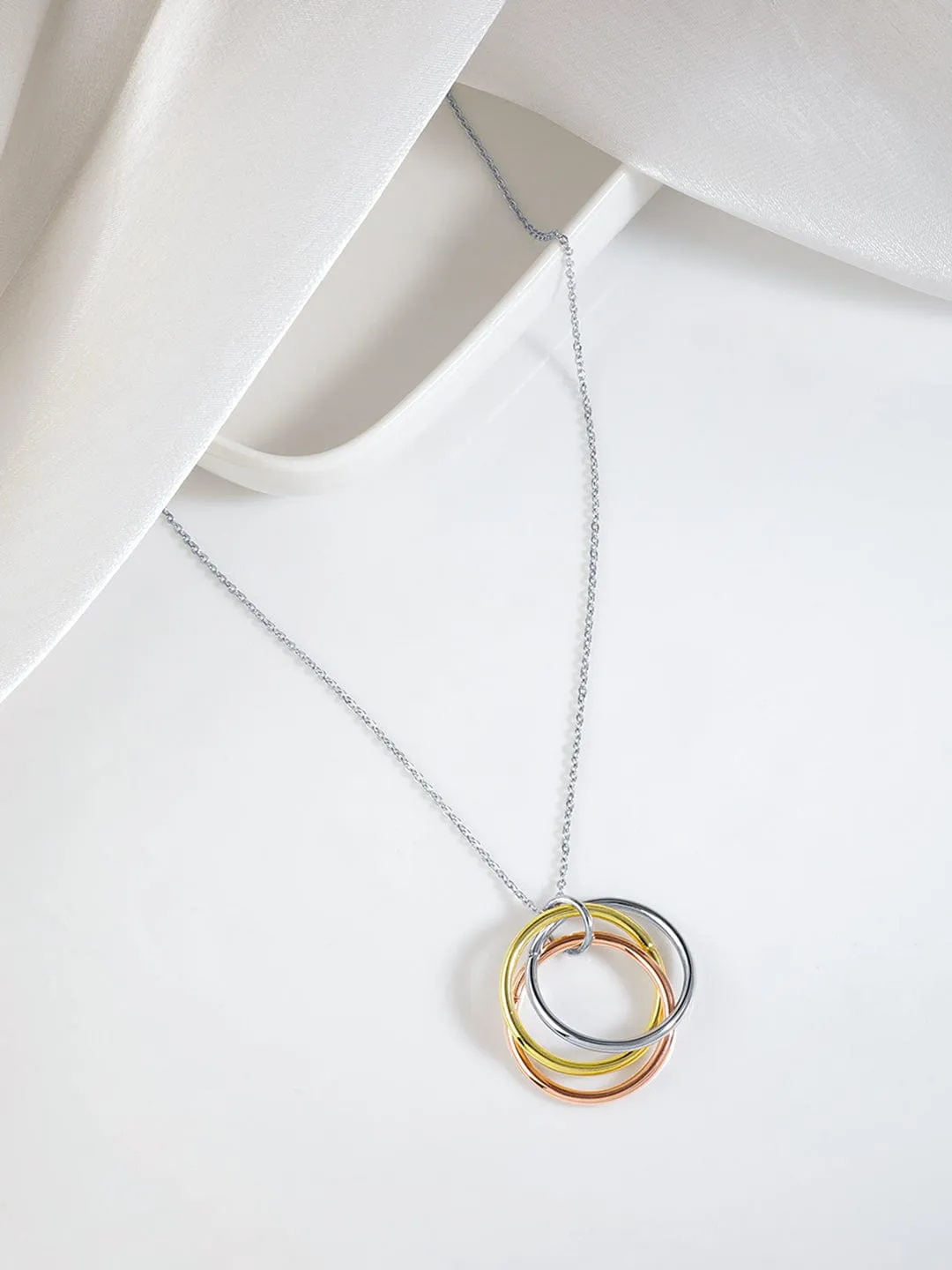 Rubans Gold Silver & Copper Toned Silver-Plated Triple Tone Circular Pendant Necklace