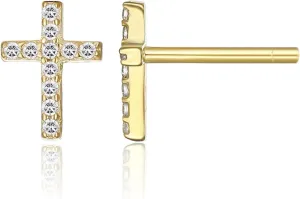 S925 Sterling Silver Religious Small Tiny Cross Stud Earrings for Women with Clear Cubic Zirconia Fashion Jewelry