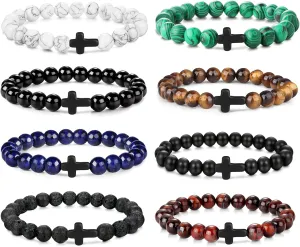 SAILIMUE 8 Pcs Cross Bead Bracelets for Women Men 8mm Tiger Eye Lava Rock Stone Stretch Elastic Cross Bracelet Set