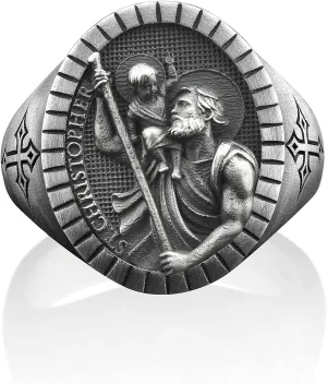 Saint Christopher Ring, Silver Saint Christophe Ring, Religious Mens Ring, Christian Signet Ring, Silver Catholic Rings, Husband Gift Rings