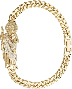 Saint Jude Cuban Link Bracelet, Gold Plated with CZ Crystals, Religious Jewelry