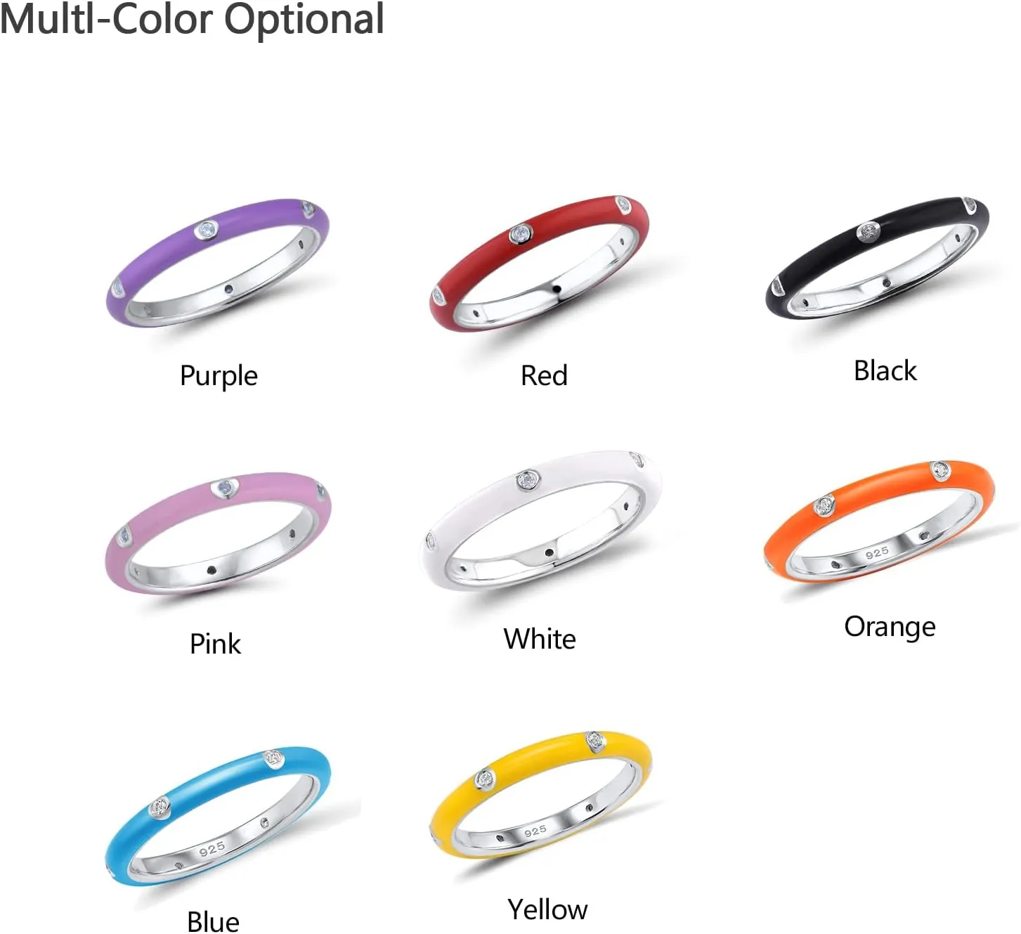 Santuzza Stackable Enamel Ring 925 Sterling Silver Cubic Zirconia Rainbow Eternity Stacking Band Rings for Women