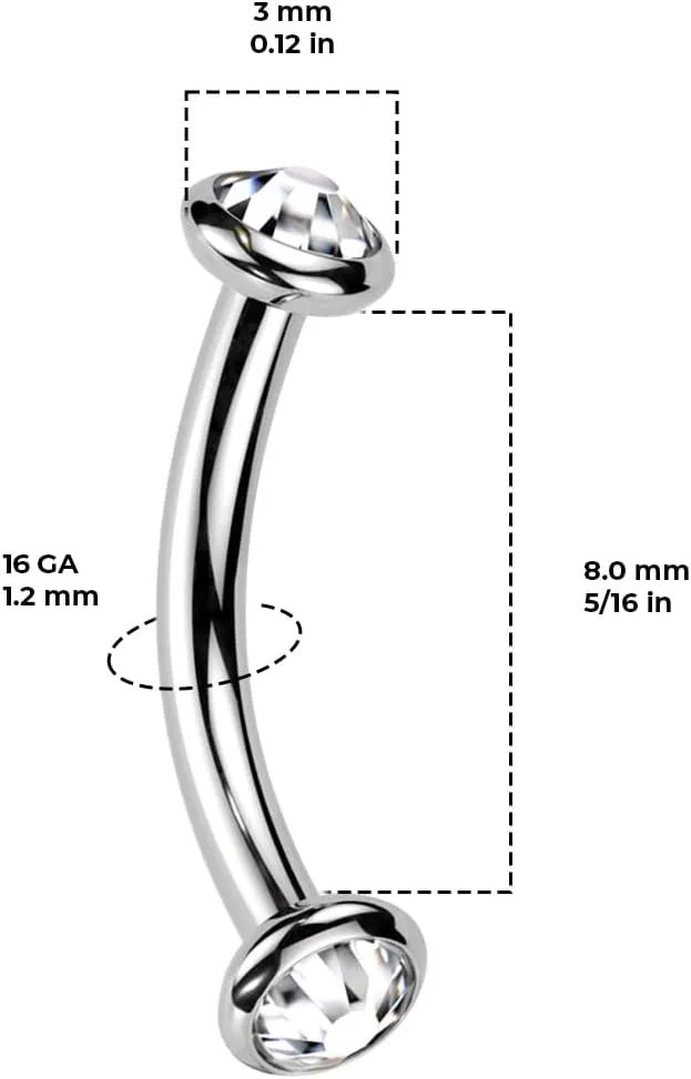 Satix G23 Implant Grade Titanium 16G Internally Threaded Curved Barbell 3mm Bezel Set CZ Gems Ends Eyebrow Earrings Piercing Jewelry 8mm 5/16 Inch