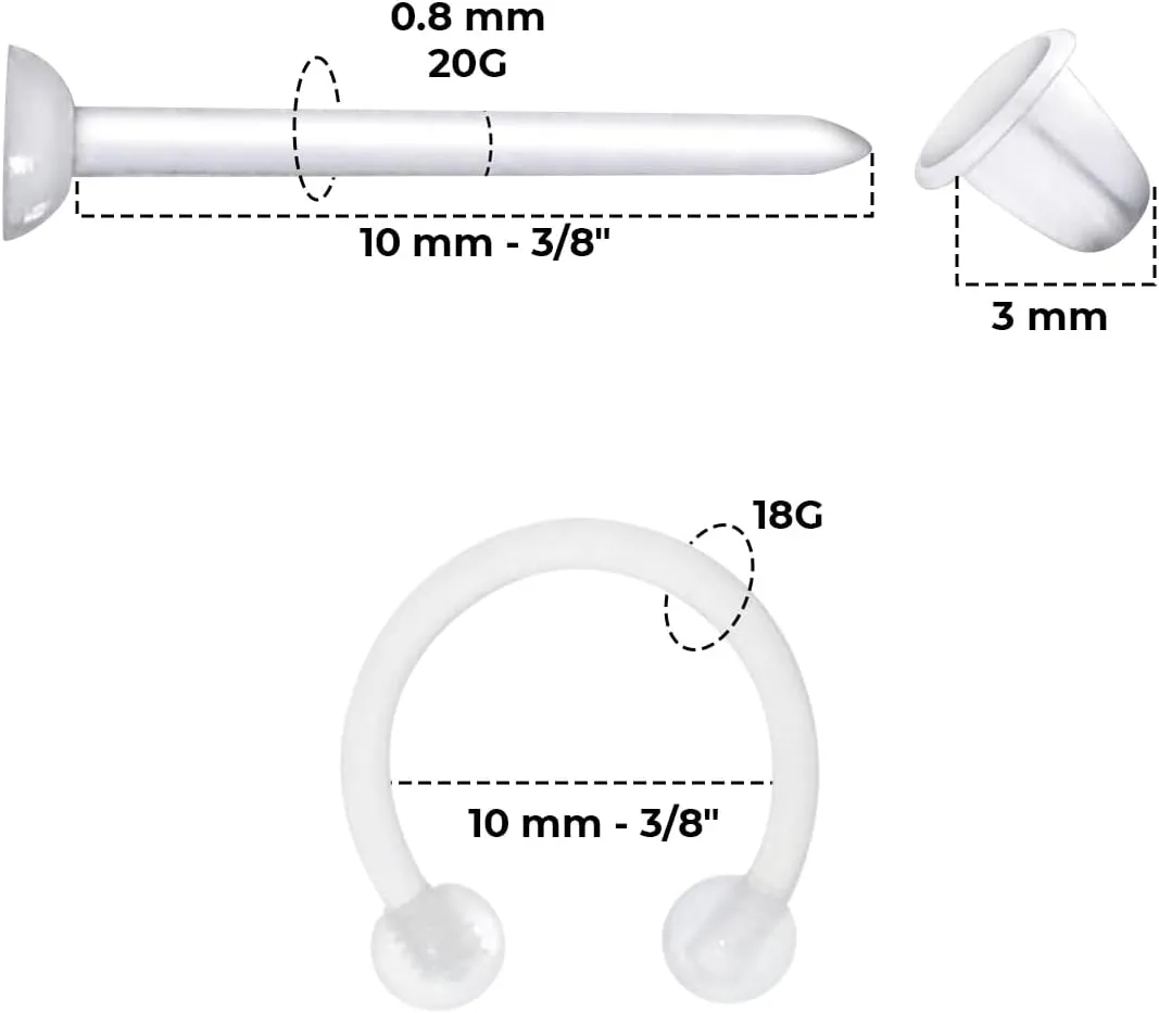 Satix Mix Style Clear Piercing Retainers for Work Surgery, Bioflex Clear Earring Retainer, Clear Nose Rings Retainer, Flat Top Nose Bone Retainer, Clear Septum Retainer, Flexible Horseshoe Retainer