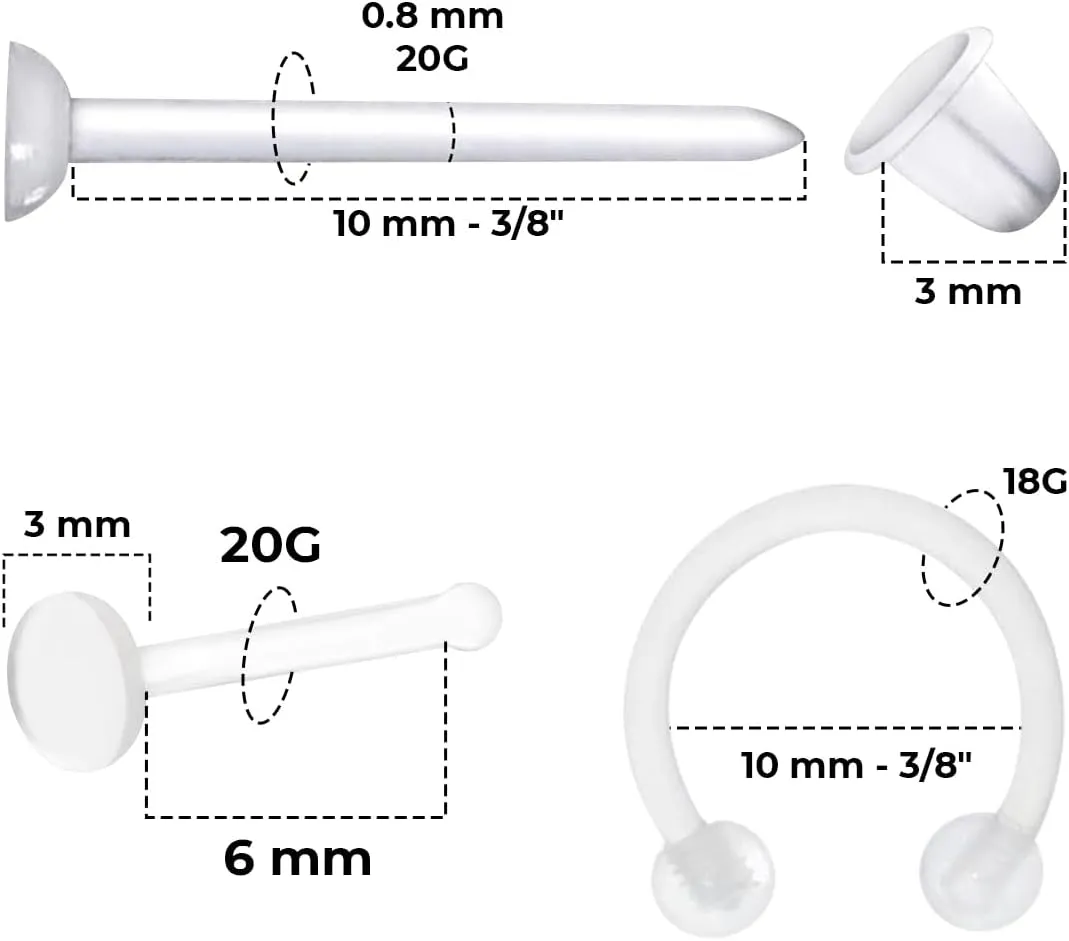 Satix Mix Style Clear Piercing Retainers for Work Surgery, Bioflex Clear Earring Retainer, Clear Nose Rings Retainer, Flat Top Nose Bone Retainer, Clear Septum Retainer, Flexible Horseshoe Retainer