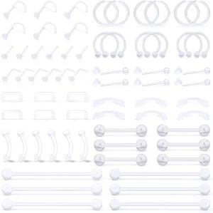 SCERRING 66PCS Clear Piercing Retainer Septum Retainers Nose Studs Flexible Lip Ear Nose Hoop Tongue Rings Nipple Ring Cartilage Rook Daith Earrings Plastic Industrial Piercing Jewelry Retainer