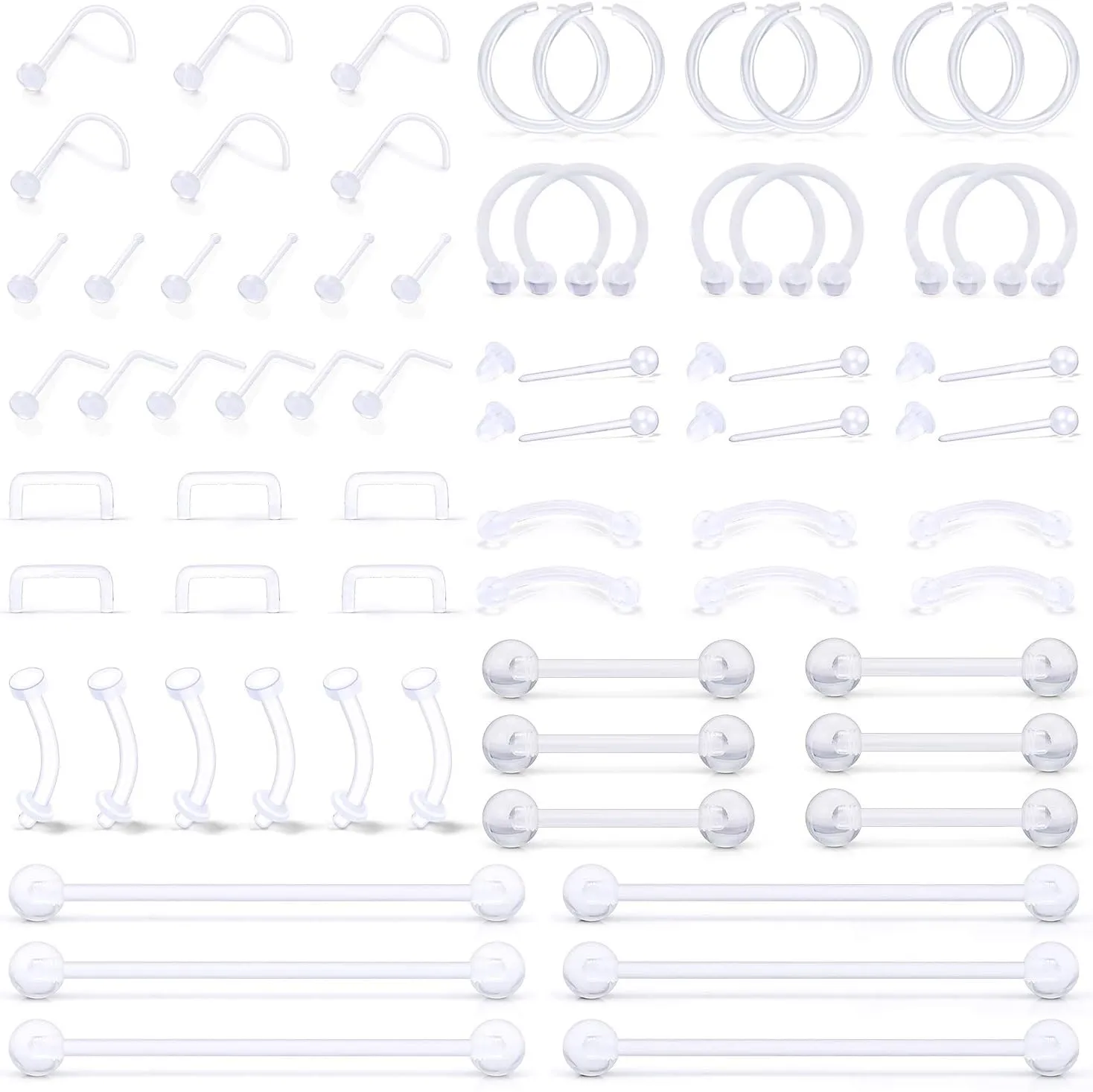 SCERRING 66PCS Clear Piercing Retainer Septum Retainers Nose Studs Flexible Lip Ear Nose Hoop Tongue Rings Nipple Ring Cartilage Rook Daith Earrings Plastic Industrial Piercing Jewelry Retainer