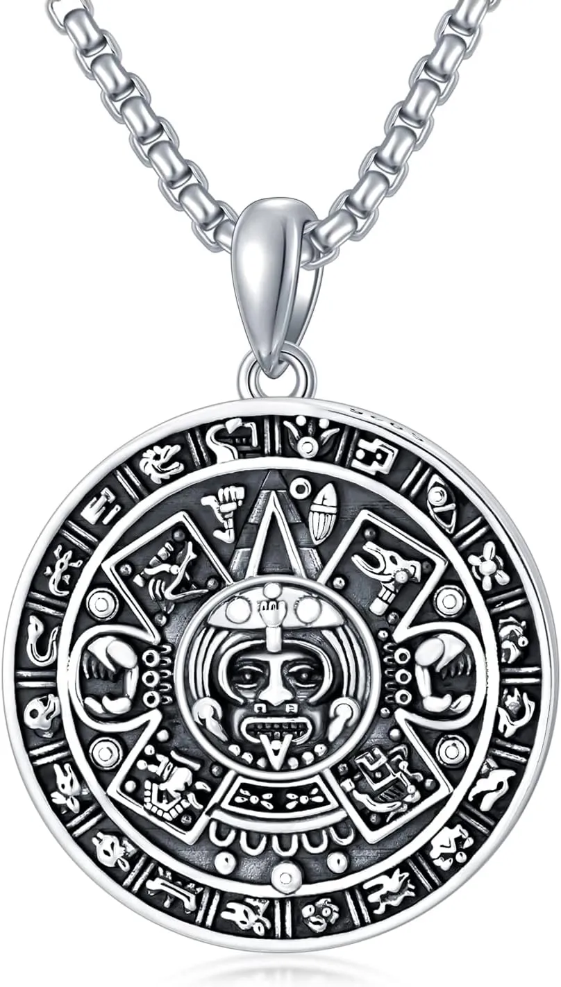 Seiyang Aztec Calendar Necklace Sterling Silver Round Aztec Mayan Calendar Pendant Necklace Jewelry with 2mm 22 2 In Rolo Chain