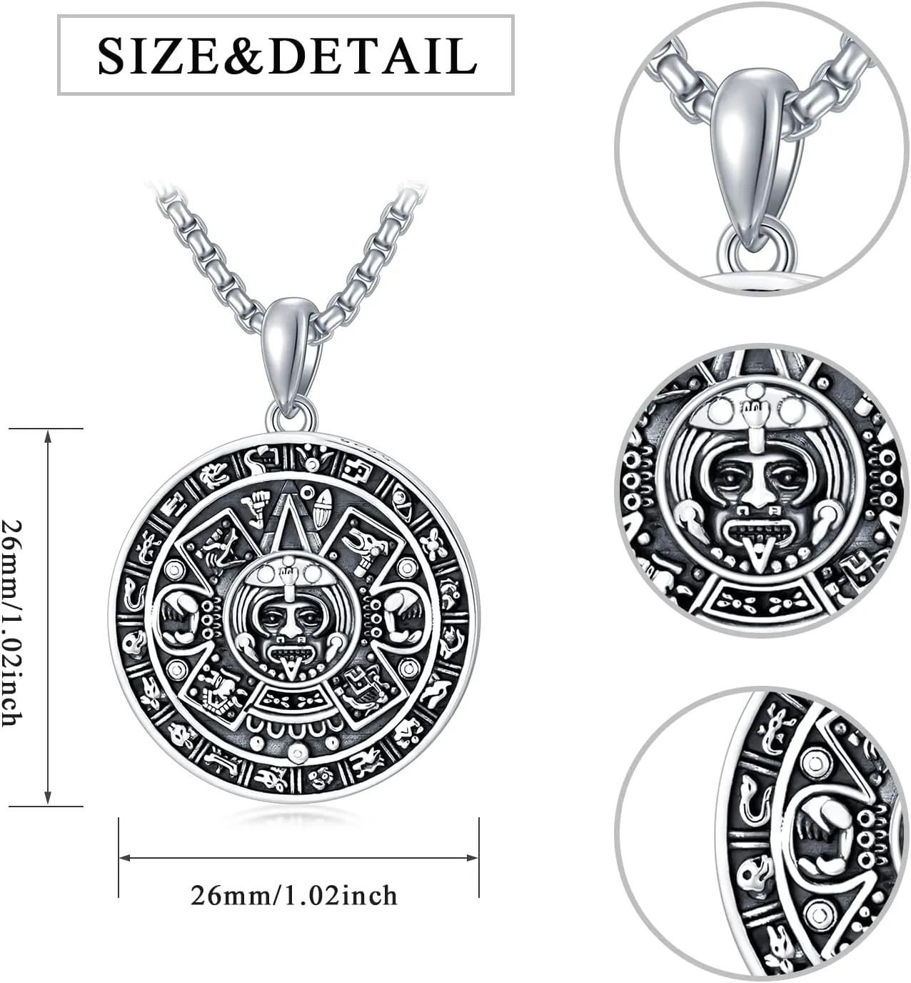 Seiyang Aztec Calendar Necklace Sterling Silver Round Aztec Mayan Calendar Pendant Necklace Jewelry with 2mm 22 2 In Rolo Chain
