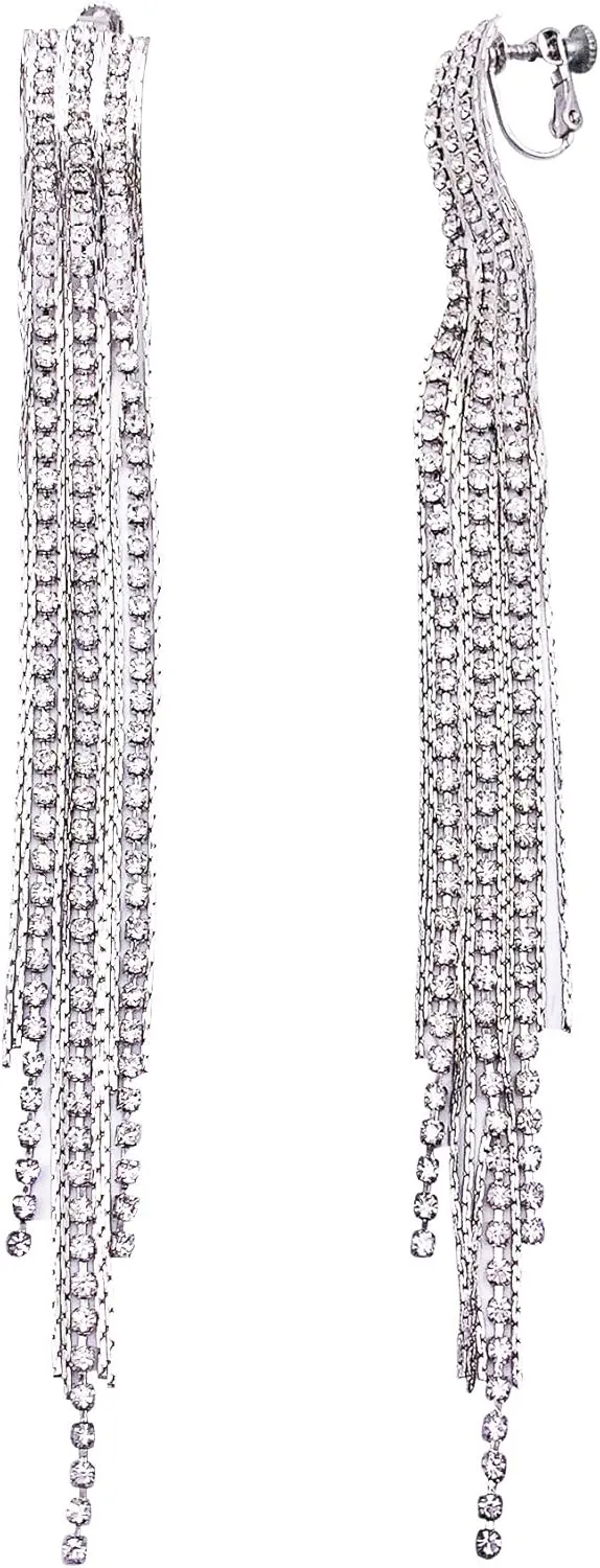 SELOVO Clear Rhinestone Prong Setting Boho Tassel Long Statement Dangle Clip on Earrings Silver Tone