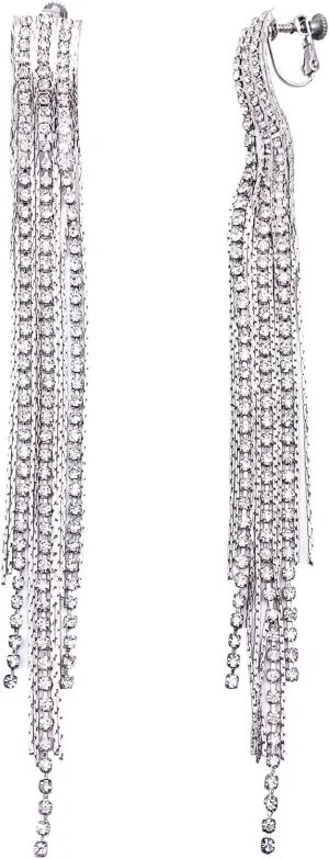 SELOVO Clear Rhinestone Prong Setting Boho Tassel Long Statement Dangle Clip on Earrings Silver Tone