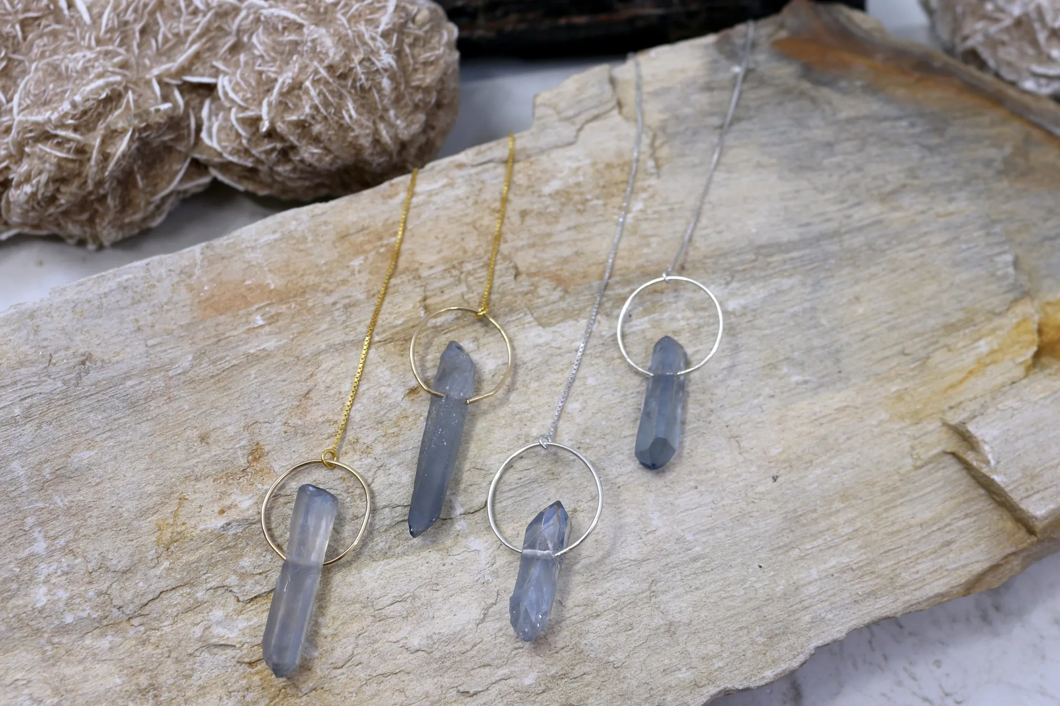 Serena // Blue Quartz Stone Circle Threaders, Gold or Silver Threader Earrings // BH-E029