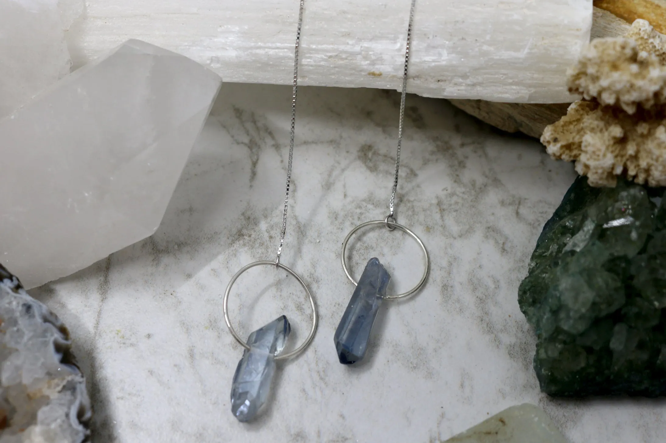 Serena // Blue Quartz Stone Circle Threaders, Gold or Silver Threader Earrings // BH-E029
