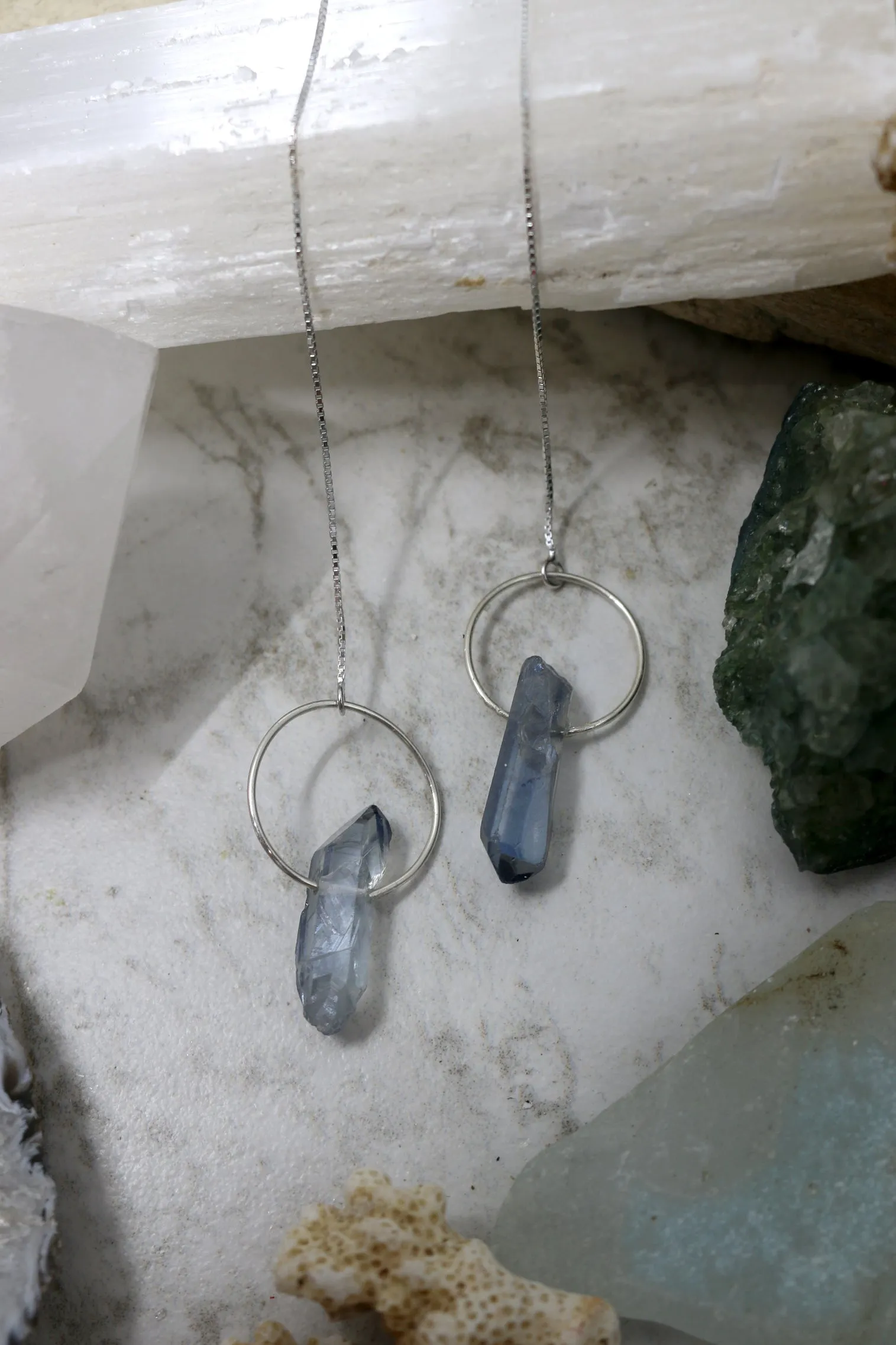 Serena // Blue Quartz Stone Circle Threaders, Gold or Silver Threader Earrings // BH-E029