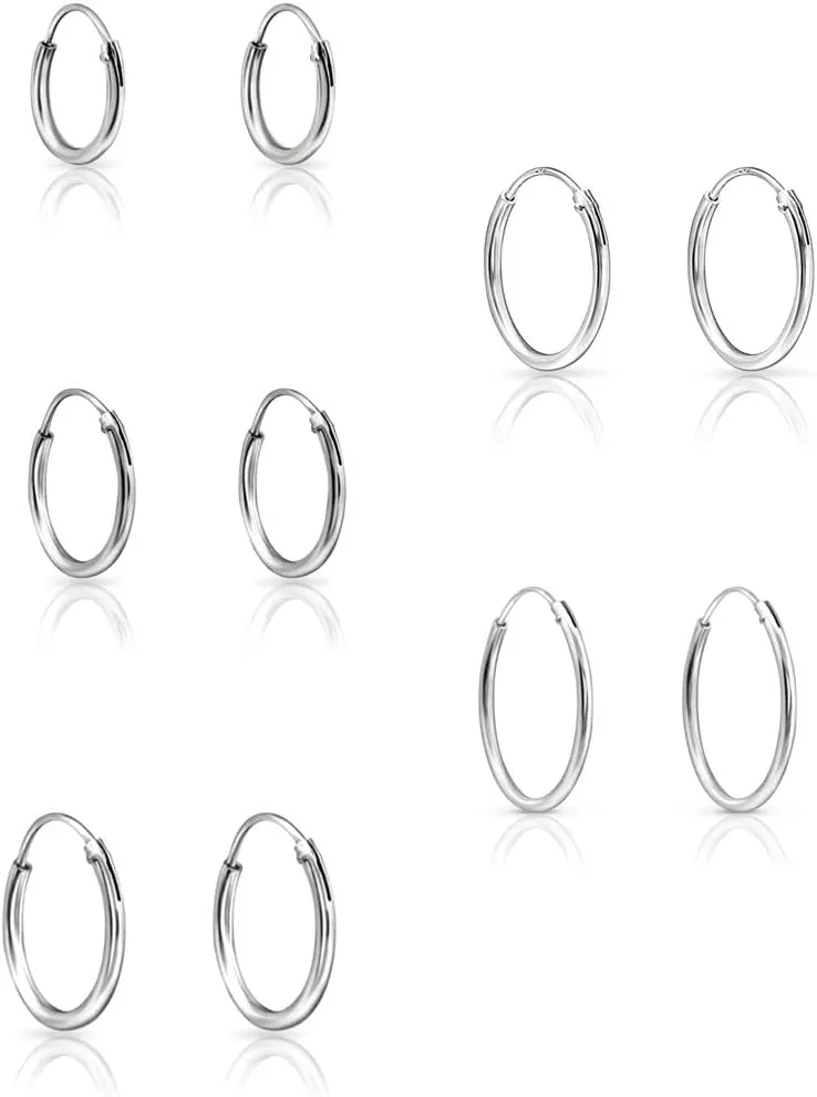 Set of 5 PAIRS of VERY TINY/SMALL 925 Sterling Silver, 24K Yellow or 18K Rose Gold Plated Endless Hoops/Sleepers Earrings - Cartilage/Helix - Thickness 1.2 mm - Outer Diameter: 8, 10, 12, 14, 16, 18 mm